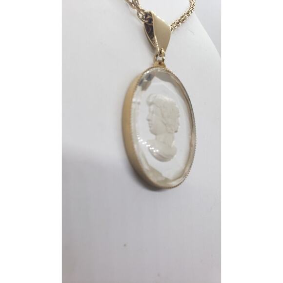 Vintage Intaglio Reverse Engraved Cameo Necklace Rope Chain Faceted Pendant 1970 - Picture 5 of 12